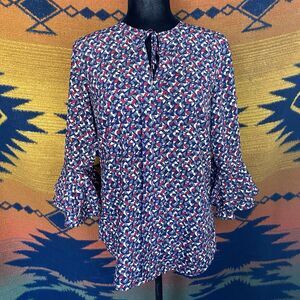Lauren Ralph Lauren Multi Colored Geometric Blouse. Ruffled Sleeves. Size PS.